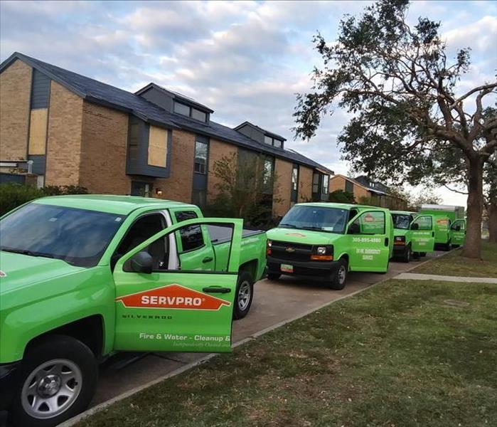 SERVPRO to the rescue - image of green SERVPRO vehicles lined up