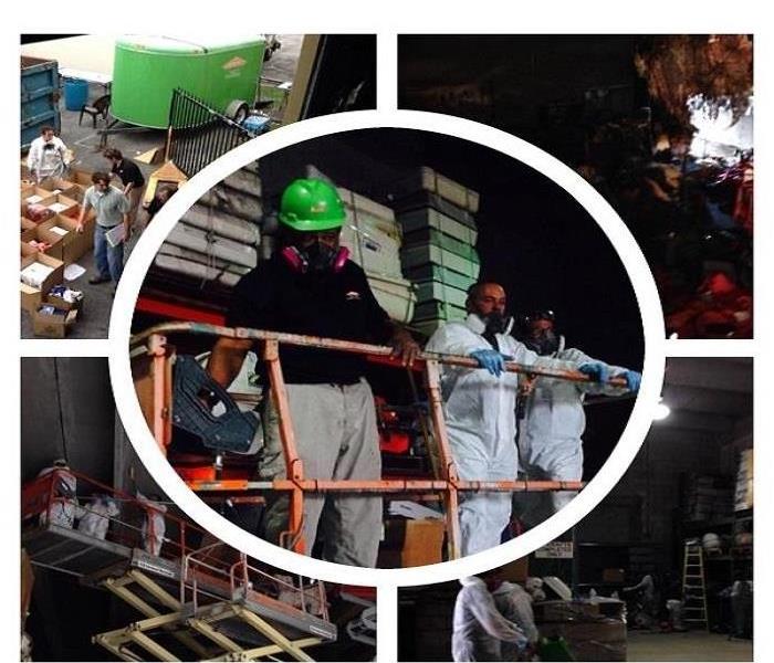 Picture collage, workers using protective gear while working on a warehouse damaged by fire